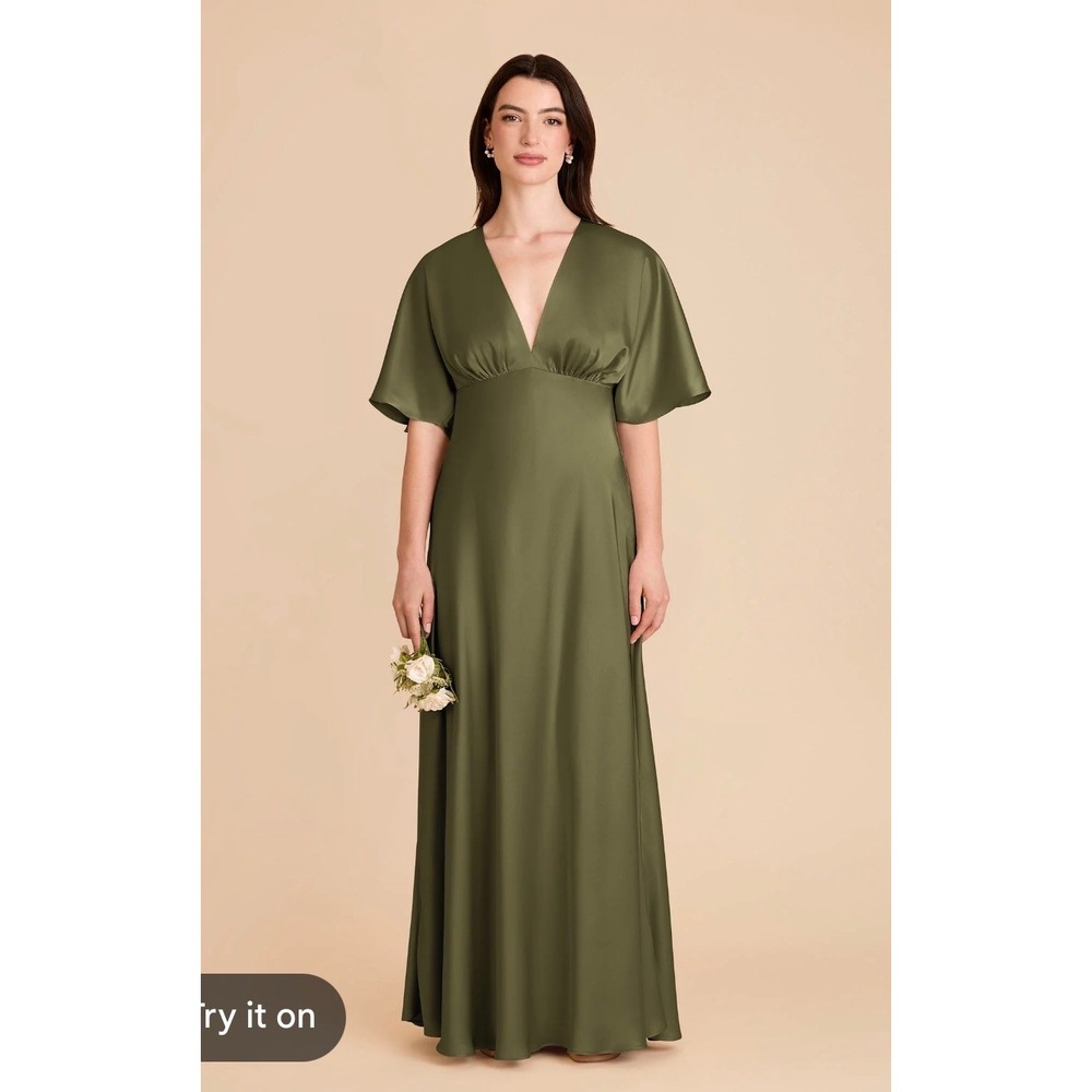 Birdy Grey Kaia Satin Dress Olive Green V-Neck Flutter Sleeve Maxi Gown Small